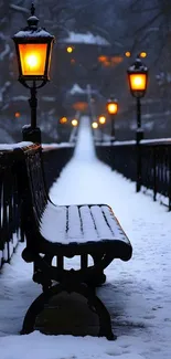 Snowy bridge illuminated by lamps at night with serene ambiance.