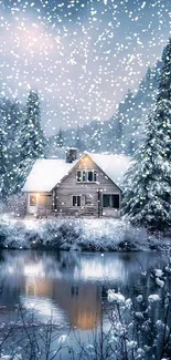 Snowy cabin by a reflective lake amidst winter landscape.