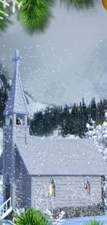 Snowy church in mountains with snowflakes falling gently.