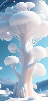 Fantasy winter landscape with whimsical trees in snow and sky blue tones.