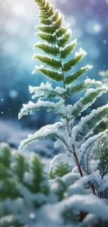 Snowy fern leaves in a serene winter landscape.