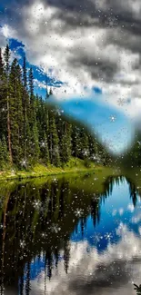 Serene forest and lake with snowflakes.