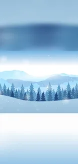 Snowy forest and blue mountains in winter scene wallpaper.