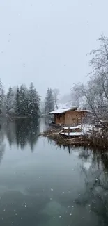 Serene winter view of snowy lake and cabin.