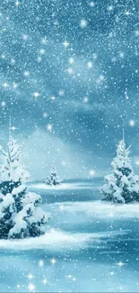 Snowy forest with frosted trees and twinkling winter sky.