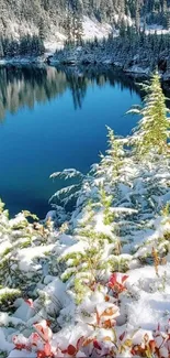 Snowy mountain landscape with a serene blue lake.