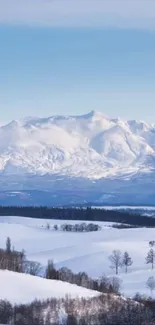 Snowy mountain landscape with a blue sky.