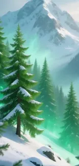 Snowy mountain landscape with evergreen trees.