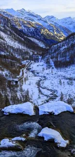 Snowy mountain landscape with river and trees.