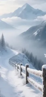 Snowy mountain path leading through a serene landscape with distant peaks.