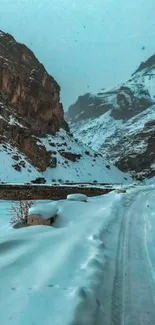 Serene snowy road through majestic mountains, capturing winter's essence.