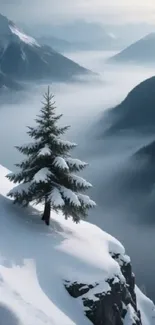 A serene snowy mountain landscape with a misty valley view.