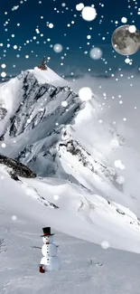 Snowy mountain with snowman under the moonlit sky wallpaper.