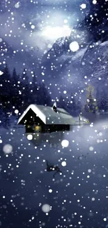 Cozy cabin amidst snowy winter night with falling snowflakes.