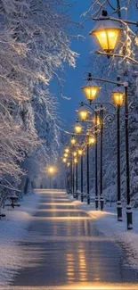 Snowy path illuminated by street lamps on a winter night.