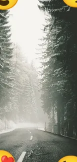 Snow-covered road through a pine forest, with emoji accents.