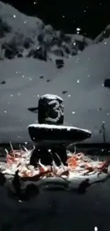 Serene Shivling covered in snow with falling snowflakes.