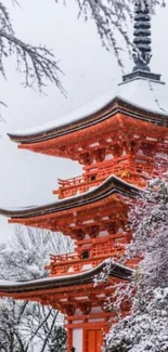 Peaceful winter scene with snow-covered Japanese temple.