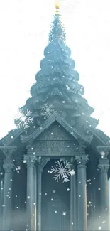 A serene temple with snowflakes falling gently against a light blue sky.