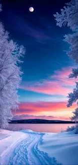 Golden sunset over a tranquil snowy lake with frosted trees.