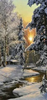 A peaceful winter landscape with snow-covered forest and setting sun.