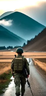 A soldier walks along a serene mountain path at dawn, surrounded by scenic beauty.