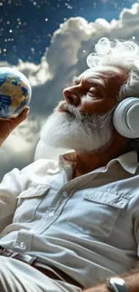 Man wearing headphones, holding Earth, surrounded by stars.