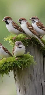 Sparrows perched on a mossy log against green.