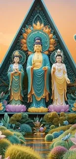 Three spiritual statues in a serene landscape.