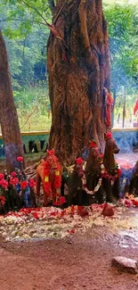 Spiritual tree shrine with vivid offerings.