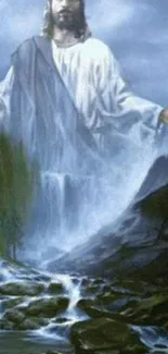 Spiritual figure over waterfall in serene nature scene.