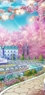 Serene spring garden with cherry blossoms and a fountain.