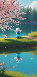 Serene spring lake wallpaper with cherry blossom and cute characters.