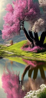 Serene spring landscape with blooming trees and reflective lake.