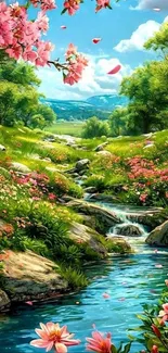 Serene spring stream with vibrant flowers and greenery.