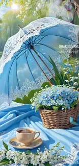 Blue umbrella with flowers and tea set in spring landscape.