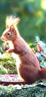 Squirrel perched in lush forest greenery, radiant leaves abound.