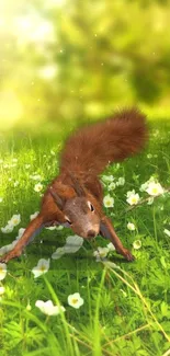 Playful squirrel in sunlit meadow with green grass and white flowers.