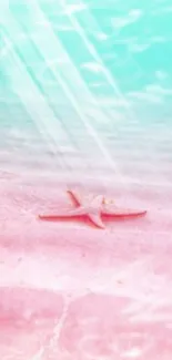 Starfish on pastel pink sand beneath aqua waters.