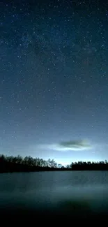 Starry night sky over trees and lake creating a serene mobile wallpaper.