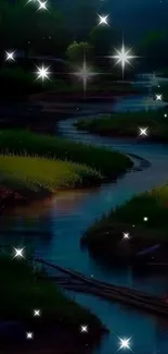 Serene river under a starry night sky with sparkling reflections.