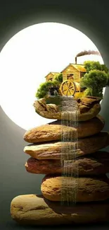 Balanced stone stack with house and waterfall on glowing background.