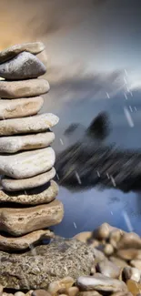 A serene mobile wallpaper of stacked stones against a rainy background.