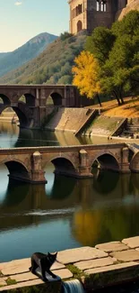 Serene stone bridge over a calm river with lush greenery and reflections.