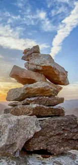 Stacked stones with a sunset sky.