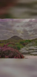 Wallpaper of a serene stone path with purple flowers and a cloudy sky background.