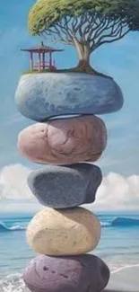 Balanced stones with tree and ocean backdrop.