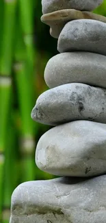 Stack of smooth stones with green bamboo background.