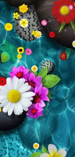 Serene stones and colorful flowers with water background.