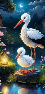 Storks beside a moonlit pond with blooming lotus and lanterns.